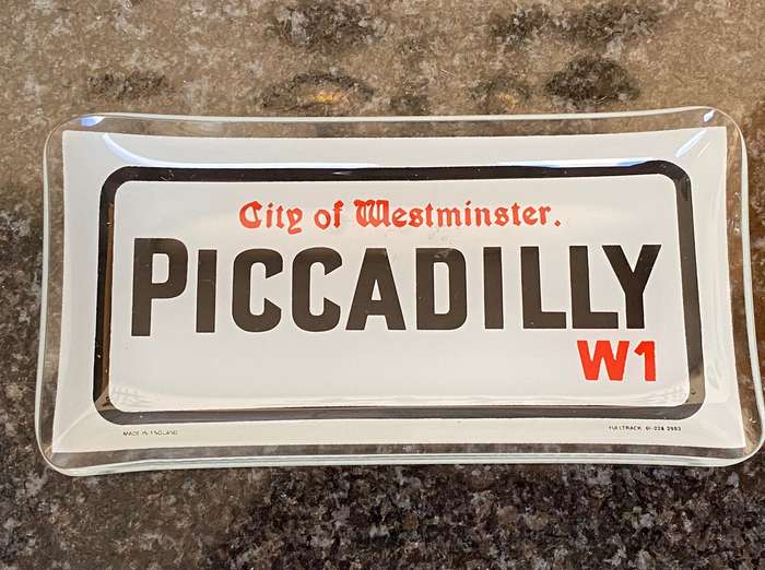 5x glass plate tray dish, english flag , piccadilly,uk bar item, vintage