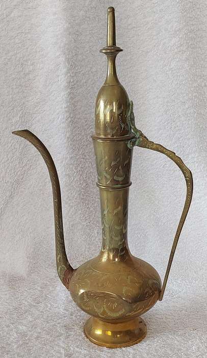 Vintage Indian Handcrafted Brass Surahi Aftaba (Decorative Teapot / Coffee Pot) Circa 1970