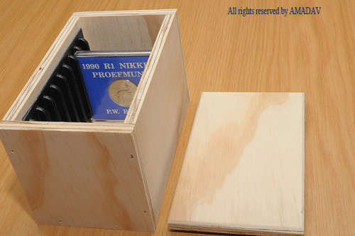 Wooden Box for 10 Proof coins in small blue CD`s
