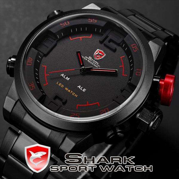 SHARK DUAL **LED** 45MM GULPER SERIES 3 HAND BLACK STEEL WATCH W/ BOX, PAPERS, LOADED!!
