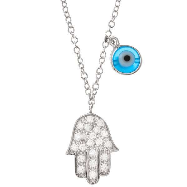 Sterling Silver Cubic Zirconia Chamsah and Evil Eye Necklace