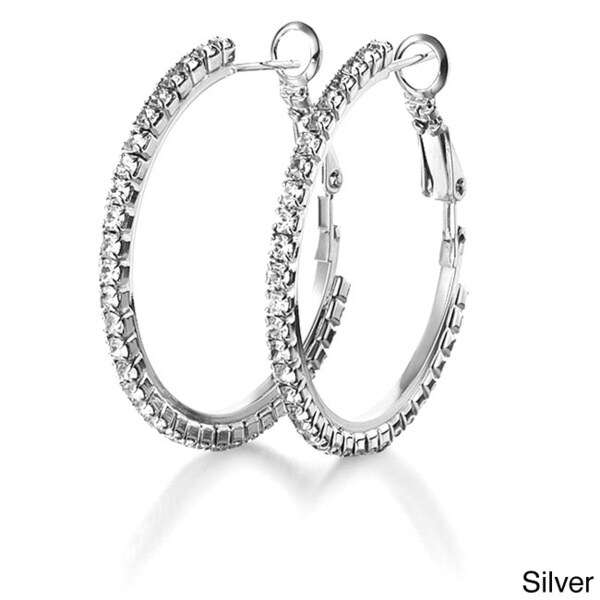 Silvertone or Goldtone Single Row Crystal Hoop Earrings