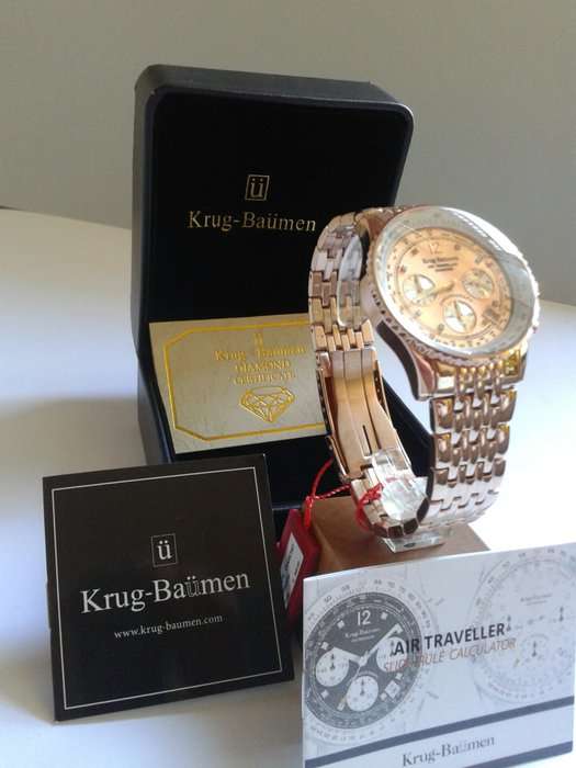 Brand new!! KRUG BAUMEN British Diamond Aero Pilot Chronograph ROSE GOLD pl. Watch