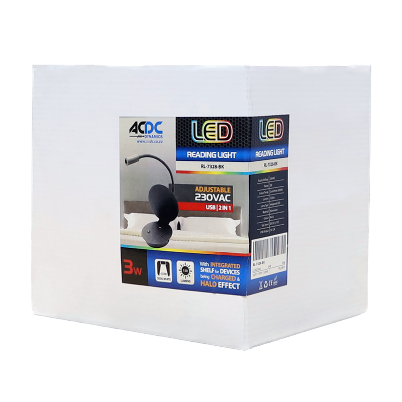 240VAC 3W LED ALU WALL LIGHT FITTING BLK + USB
