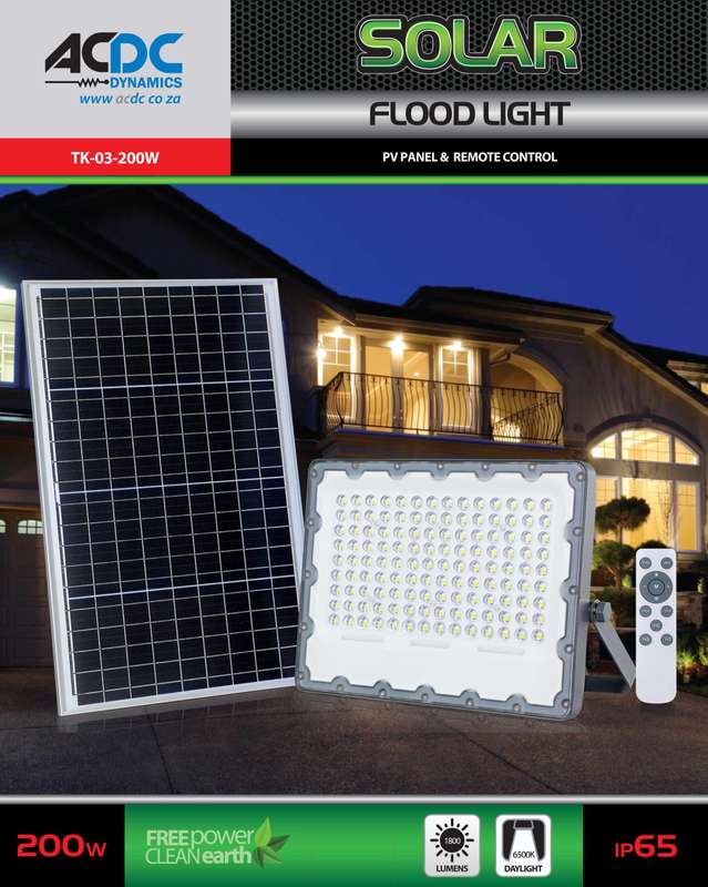SOLAR 200W LED FLOODLIGHT C/W 20W PV PANEL AND REMOTE
