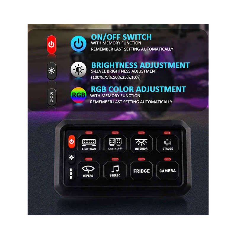 RGB 8-Gang Switch Panel - Automotive Light Circuit Relay System control