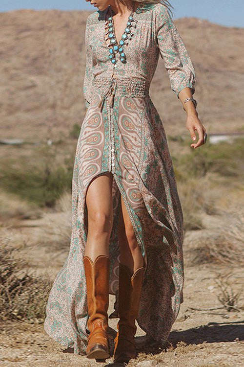 Vintage Style Plunging Neck 3/4 Sleeve Full Floral Print Elastic Waist Front Slit Women's Maxi Dress