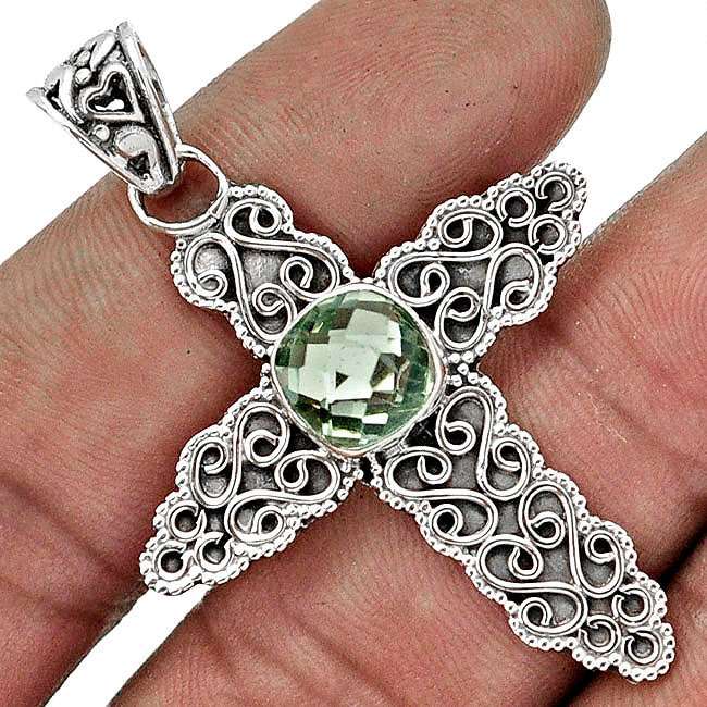 ***EXTREMELY UNIQUE!!!***STUNNING GREEN AMETHYST (PRASIOLITE) SOLID STERLING SILVER CROSS PENDANT!