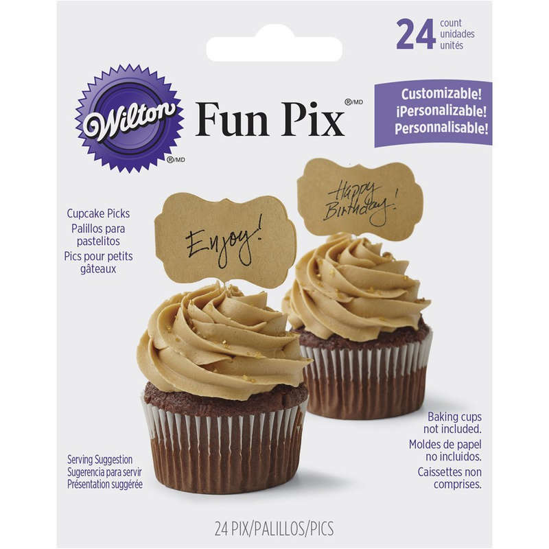 Wilton 24pc Kraft Paper Unbleached Customizable Fun Pix Border Cupcake Picks