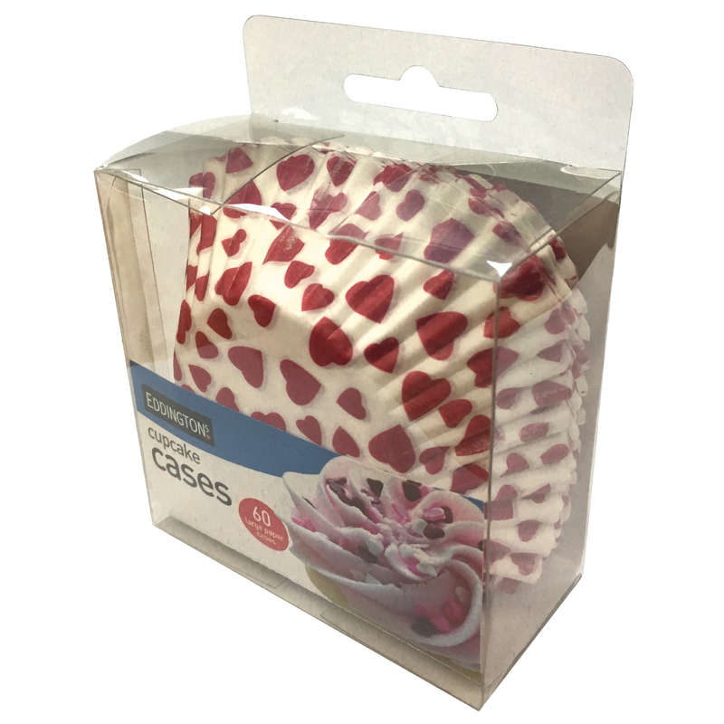 60x Eddingtons Large Paper Baking Cup Cake Cupcake Muffin Cases White Red Hearts