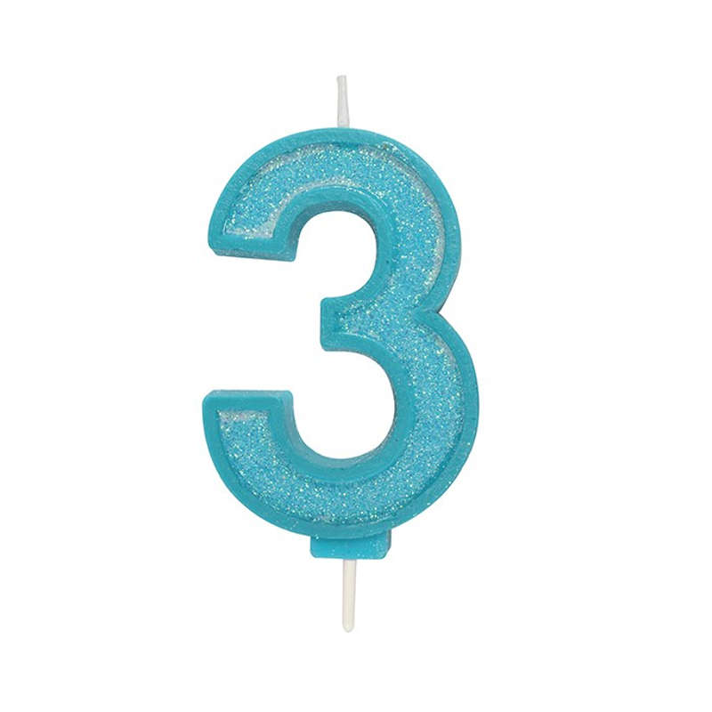 Culpitt Sparkle Numeral Candle - Number 3 - Blue - 70mm - Birthday Cake Candles
