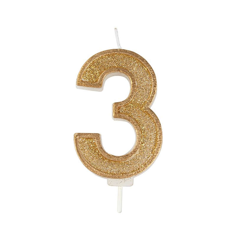 Culpitt Sparkle Numeral Candle - Number 3 - Gold - 70mm - Birthday Cake Candles