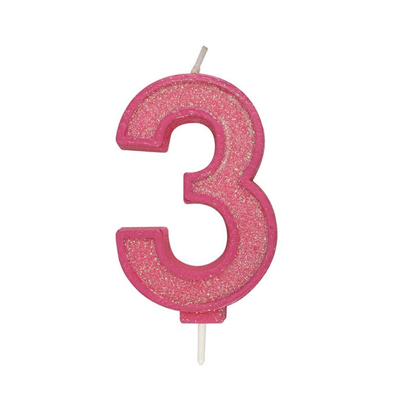 Culpitt Sparkle Numeral Candle - Number 3 - Pink - 70mm - Birthday Cake Candles