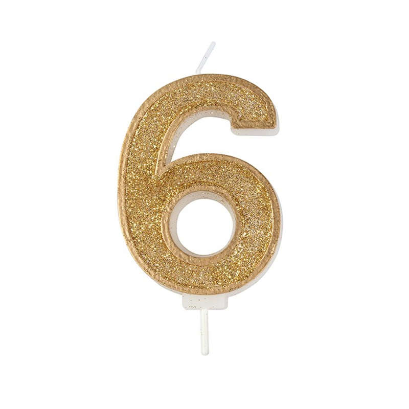 Culpitt Sparkle Numeral Candle - Number 6 - Gold - 70mm - Birthday Cake Candles