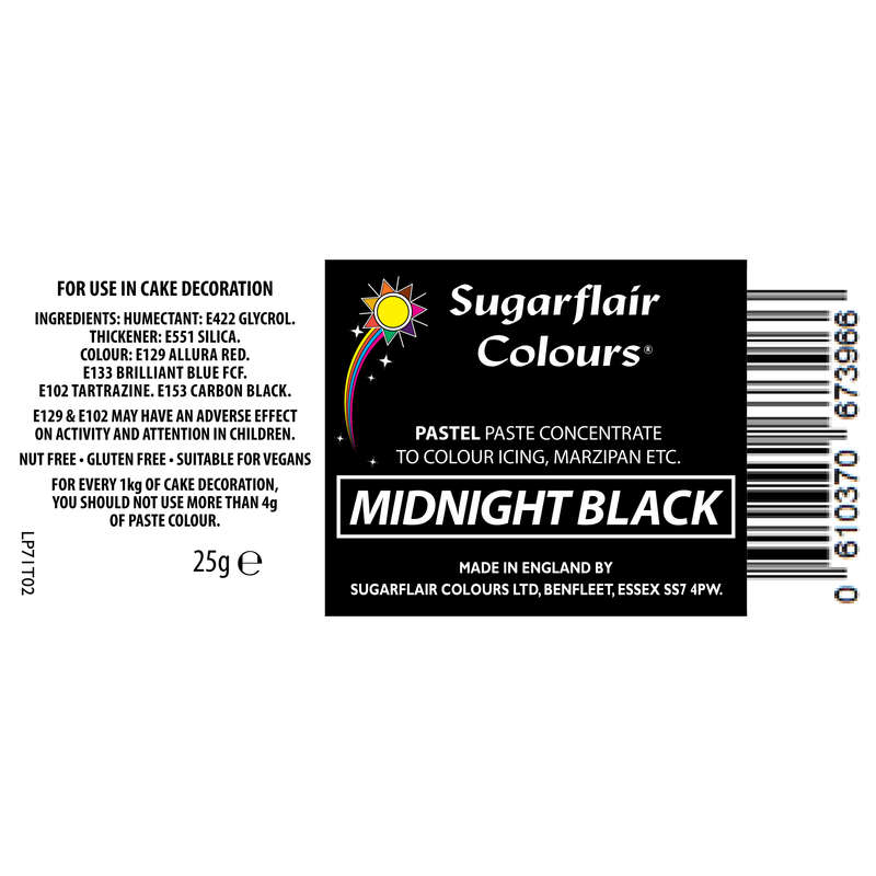 MIDNIGHT BLACK Sugarflair Pastel Paste Edible Concentrated Food Icing Colouring