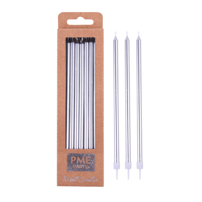 PME Extra Tall Candles Thin Stylish Metallic Birthday Cake Candles - Silver