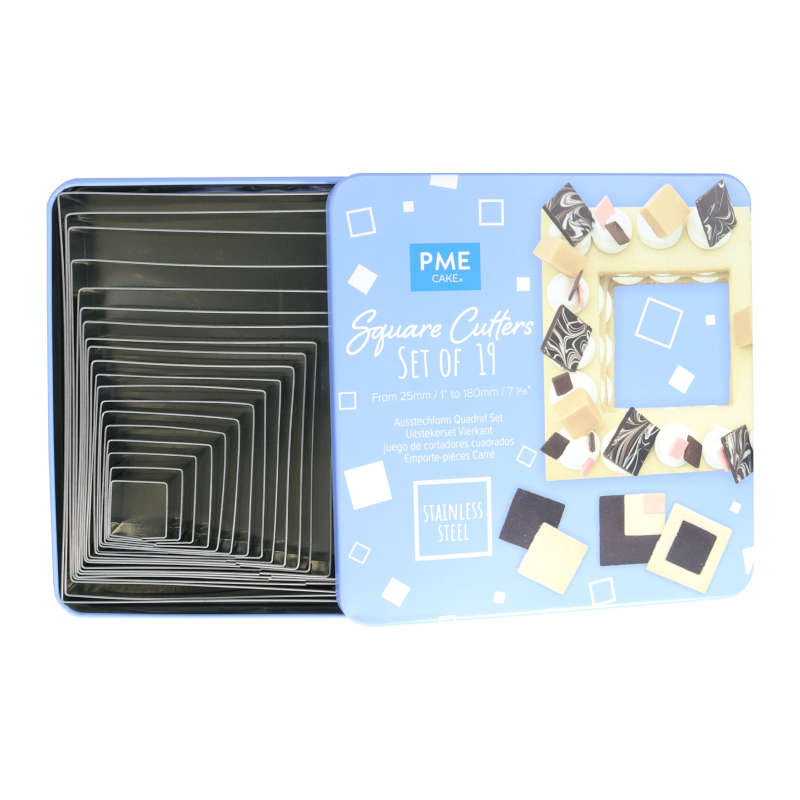 PME Square Sugarcraft Cutters - Set of 19 - Stainless Steel - Assorted Sizes