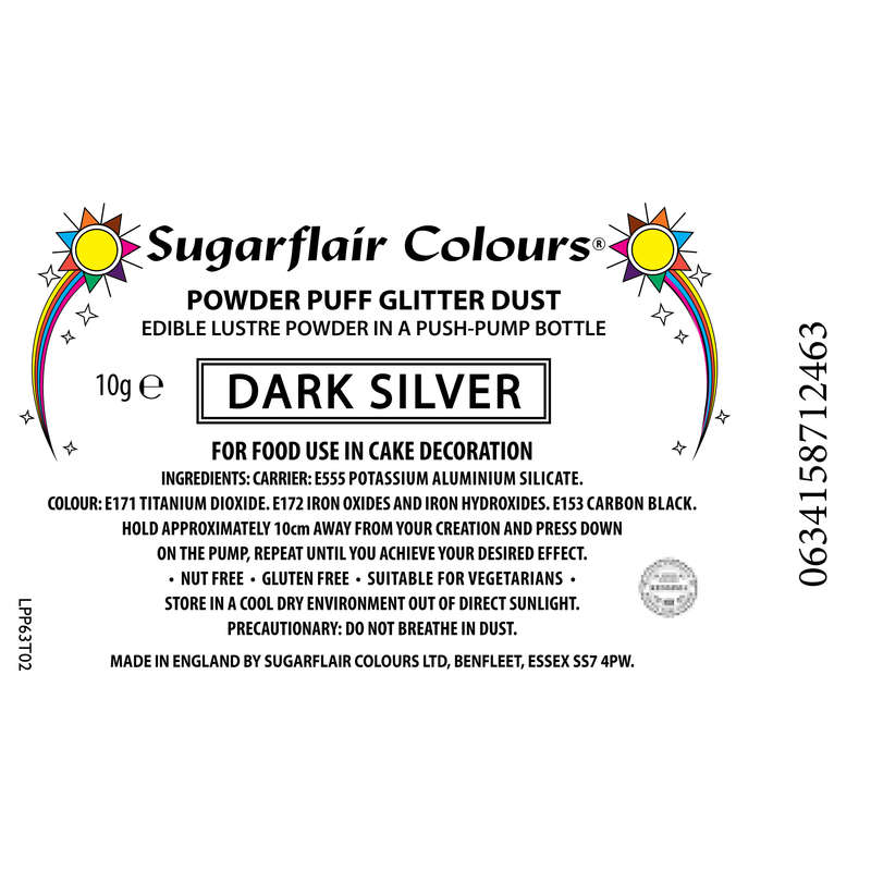 Sugarflair Powder Puff Edible Pump Spray Lustre Dust 10g - Dark Silver