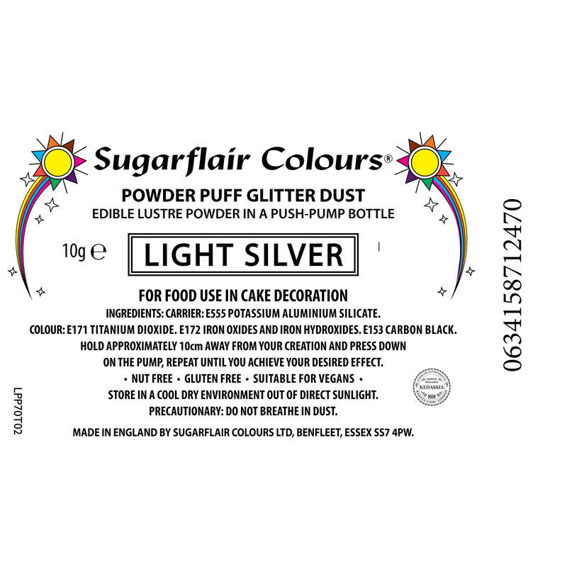 Sugarflair Powder Puff Edible Pump Spray Lustre Dust 10g - Light Silver