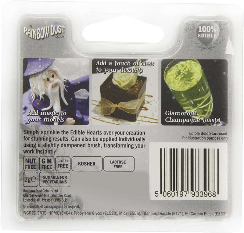 Rainbow Dust 100% Edible Metallic Cake Decorating Shapes Silver Hearts Sprinkles