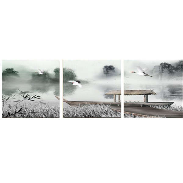 Cranes Boat Lake Chinese Painting Combination Painting Printed On Canvas Framel