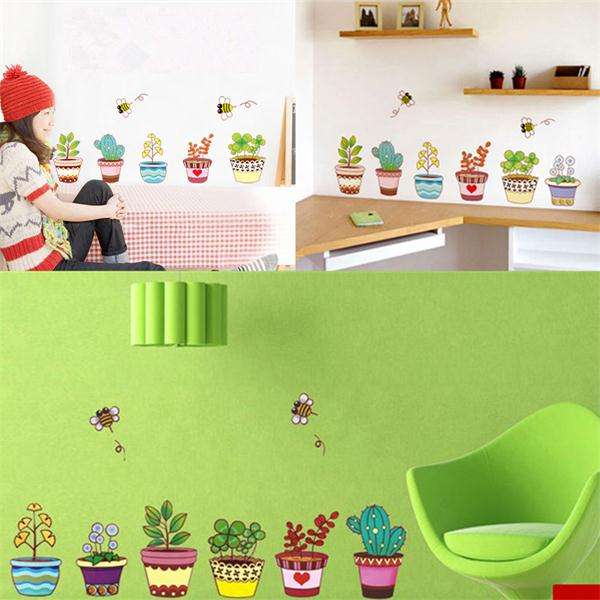 6 Colorful Potted Flowers Plants Bee Wall Stickers Rural Garden Removable Art D