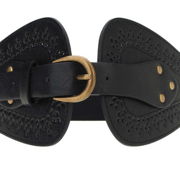 Fashion Ladies Faux Leather leatherette Stud Wide Elastic Single Pin Waist Belt