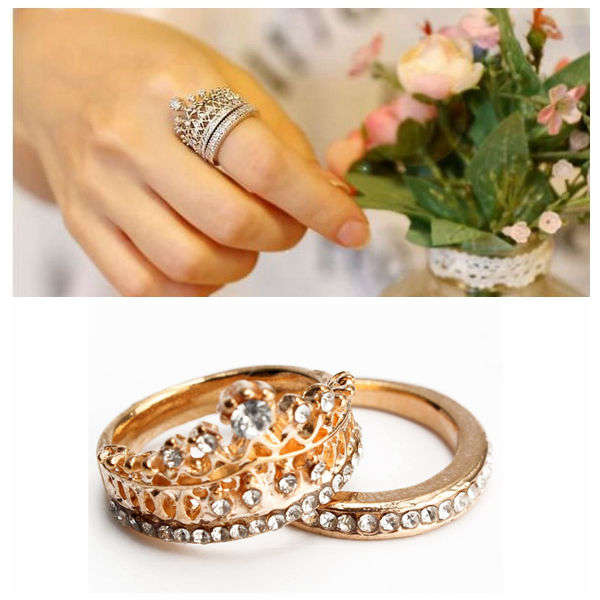 2Pcs Elegant Gold Silver Crystal Rhinestone Crown Rings For Women