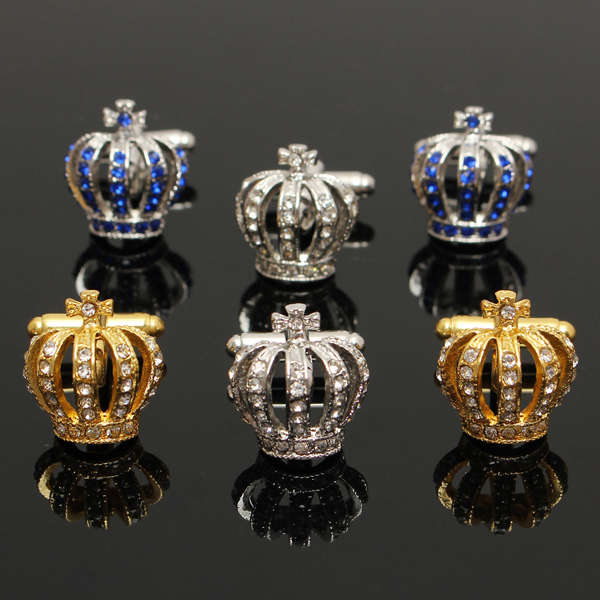 Crown Shape Rhinestone Wedding Business Party Shirt Suit Silver Metal Cufflinks