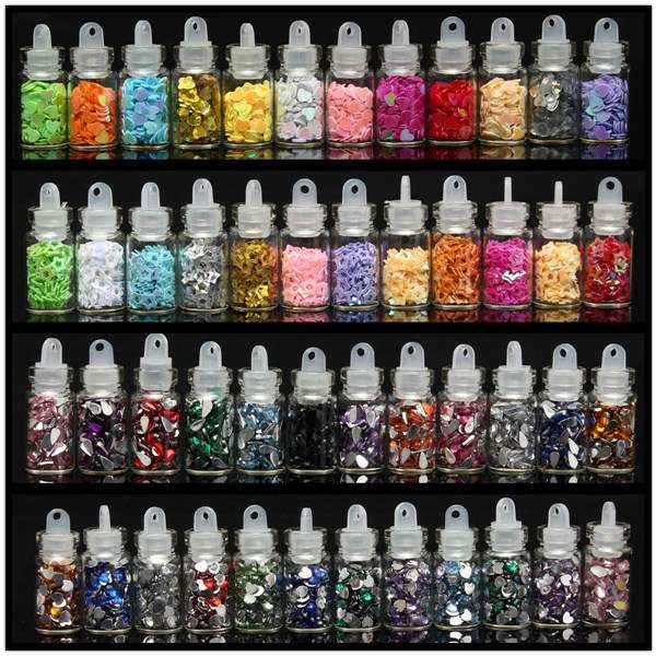 12 Mini Bottles Glitter Nail Art Tips Rhinestone DIY Decoration