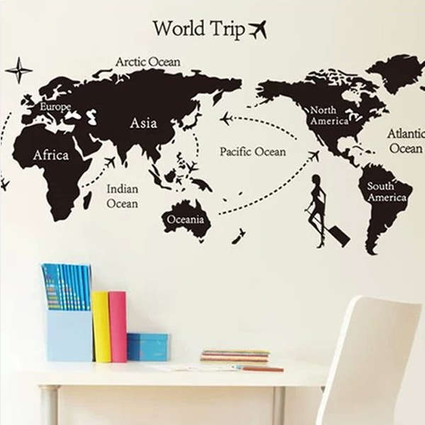 Black Universal Travel World Map Wall Sticker Eco-friendly Decoration