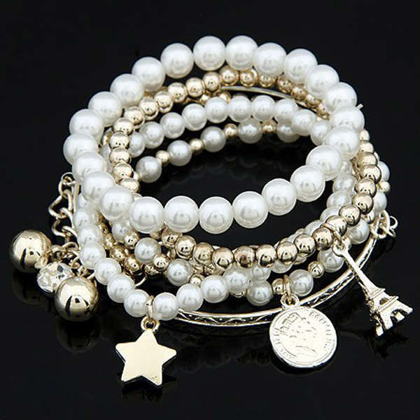 Silver Plated Multilayer Star Coin Eiffel Tower Pearl Beads Bracelet
