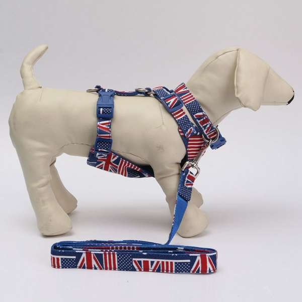 Union Jack Dog Harness Collar Leash Adjustable Safe Control Pet Cat Puppy Mesh