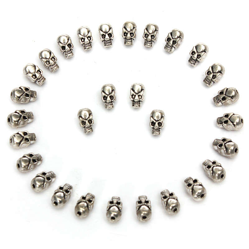30pcs Vintage String Hole Silver Skull Beads Fit Bracelet DIY Jewelly