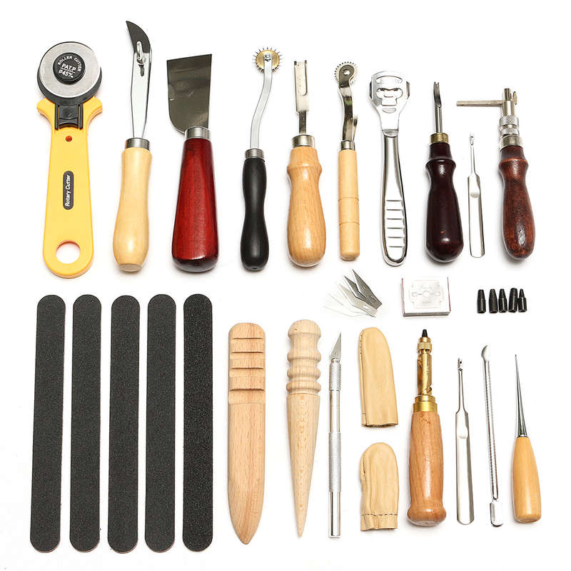 19pcs Leather Craft Punch Tools Stitching Carving Working Sewing Saddle Groover