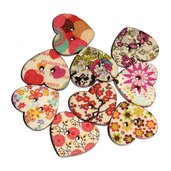 100Pcs Flora Mixed Wooden Heart Buttons Sewing Craft Two Holes Buttons