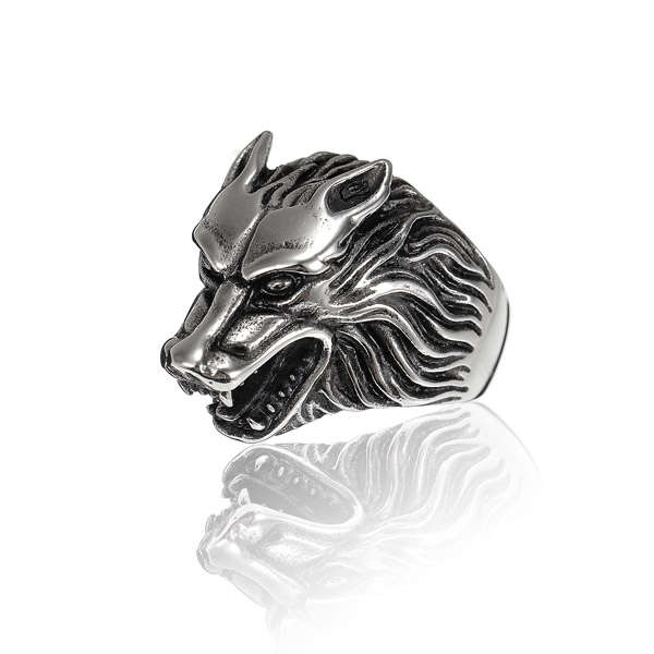 Titanium Steel Punk Silver Wolf Head Ring Men Jewelry