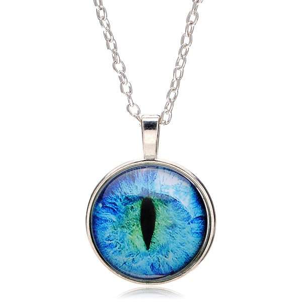 Vintage Dragon Cat Eye Glass Cabochon Silver Plated Pendant Necklace