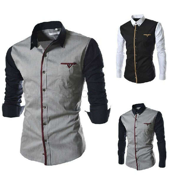 Men Cotton Splice Sleeve Black Dark-gray Long-Sleeved Shirt
