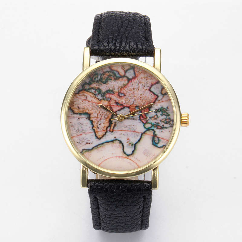 Men Women Stylish World Map Faux Leather Strap Quartz Analog Casual Wrist Watch