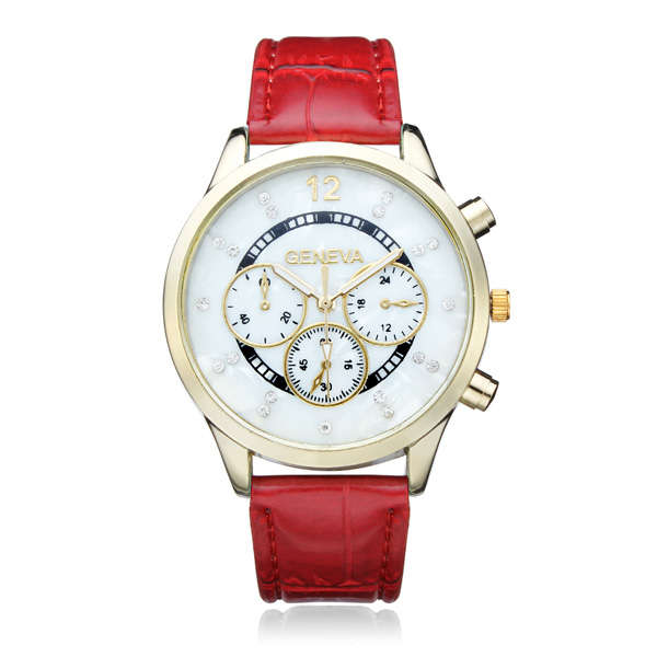 Geneva PU Leather 3 Dial Gold Crystal Round Women Quartz Wrist Watch
