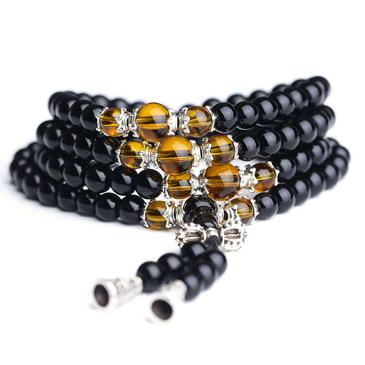 Unisex 6mm Black Glaze Obsidian Buddhist Prayer Beads Bracelet Jewelry