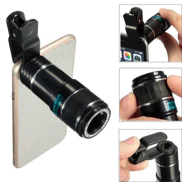 Universal 12X Zoom Optical Clip Telephoto Telescope Camera Lens For Tablet Cell