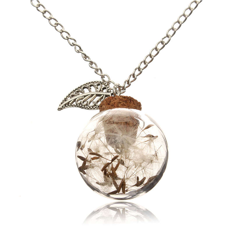 Vintage Feather Flower Seed Glass Wish Bottle Long Chain Necklace