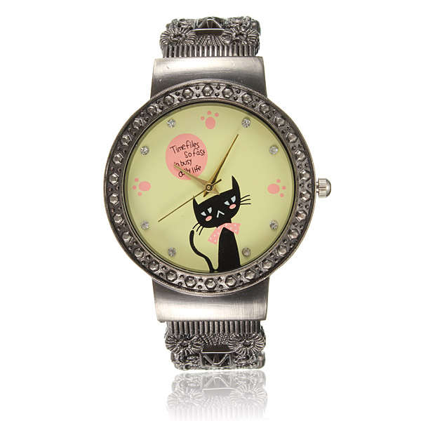 Vintage Mustache Cat Bicycle Flower Bangle Women Opening Watch
