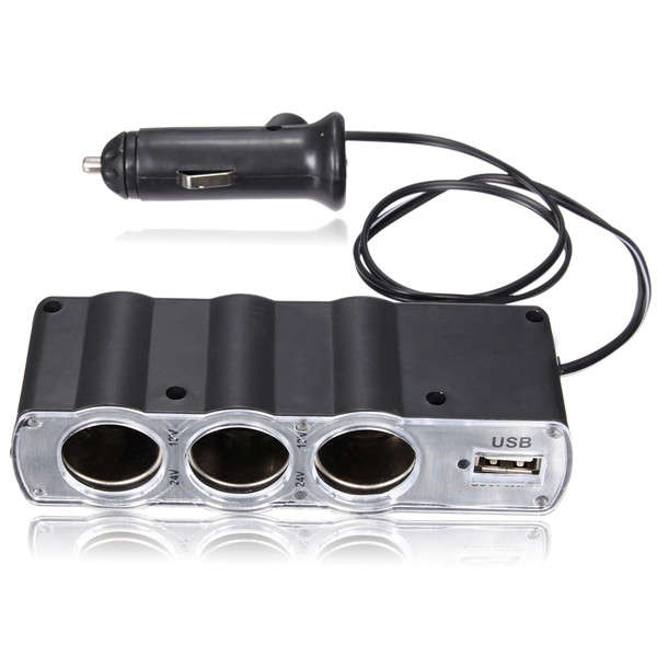 3 Way Car Cigarette Lighter Socket Splitter Adapter DC 12V/24V + USB Charger