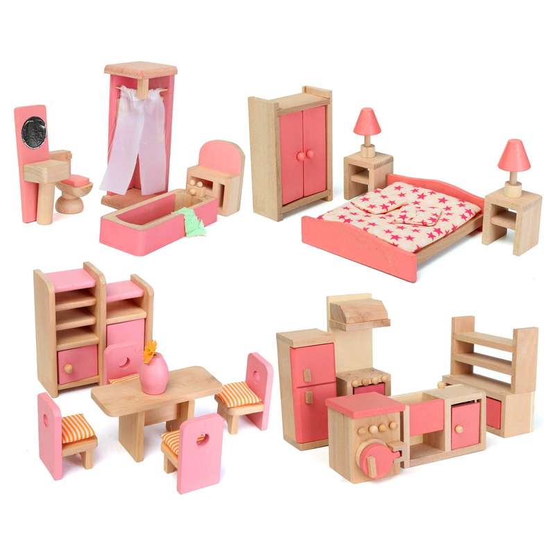 4 SETS Dollhouse Miniature Wood Furniture Dining room Kitchen Bedroom Bathroom