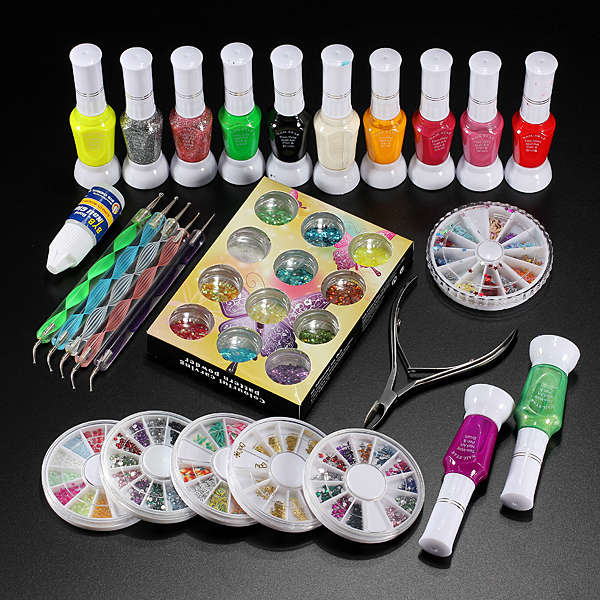 Nail Art Decoration Kit Polish Glue Rhinestones Clipper Dotting Tool