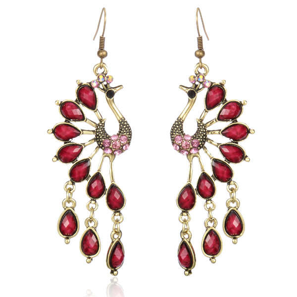 Vintage Peacock Crystal Rhinestone Tassel Earrings Jewelry