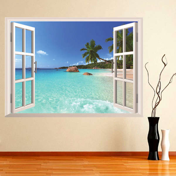 3D Hawaii Holiday Seaview Beach Window View Decal Wall Sticker